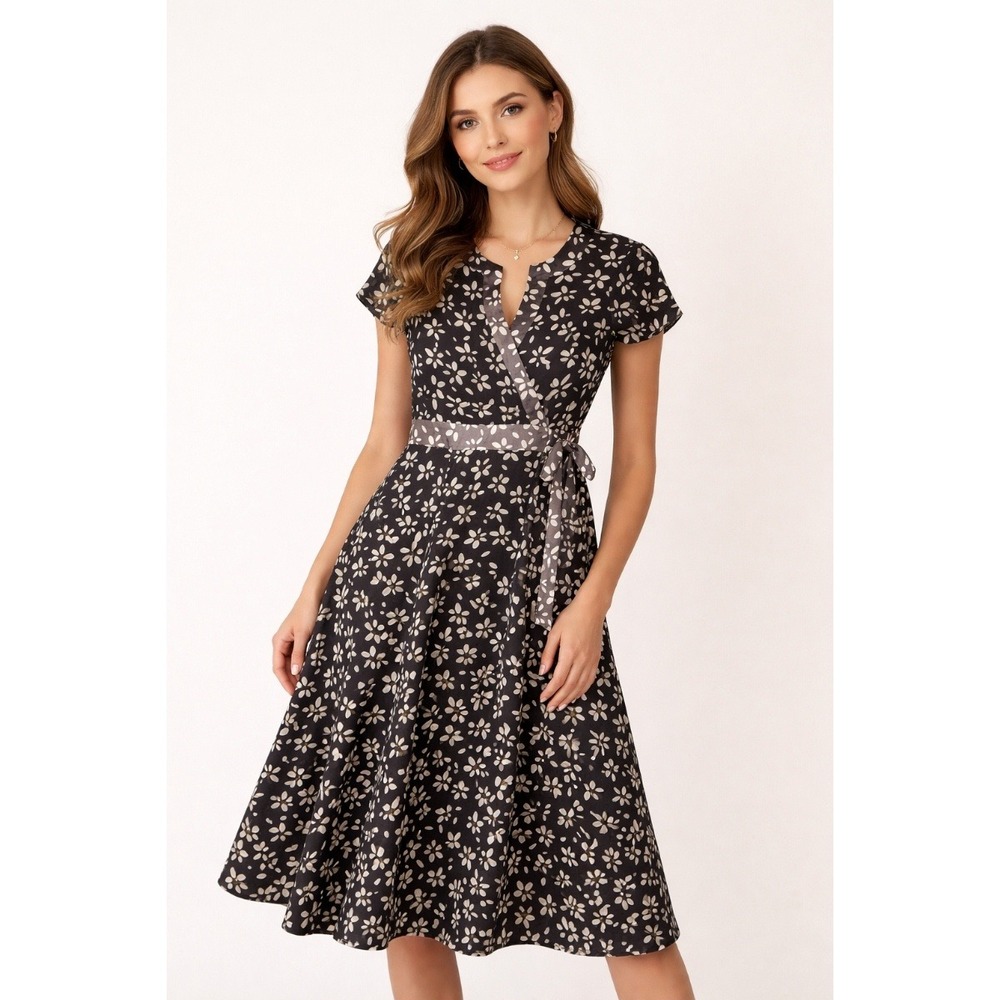 Talbots Womens Vintage Silk Floral Midi Dress Size 8 Brown Cream Faux‎ Wrap
